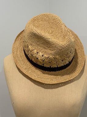 Mar Y Sol Straw Fedora Sun Hat Raffia Crochet Black Band Made in Madagascar